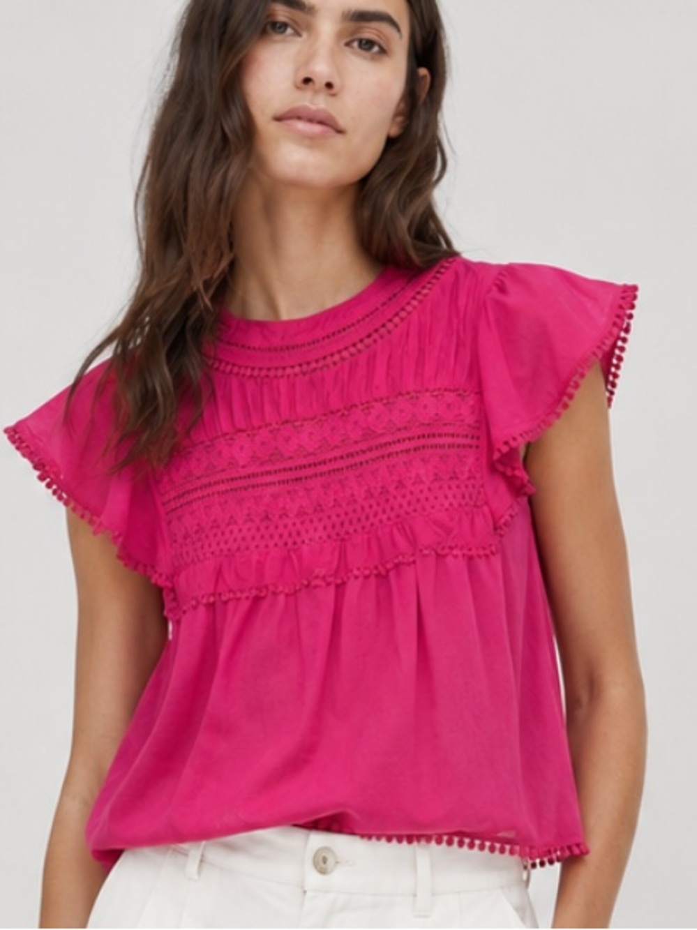 J. Crew Flutter-Sleeve Crocheted Lace Top Embroidered in Pink